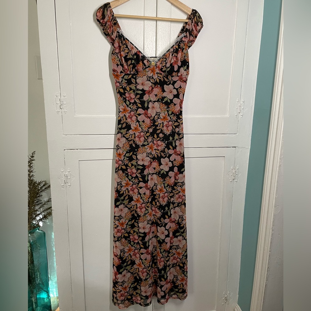 NEW Black and Pink Floral Mesh Midi Dress